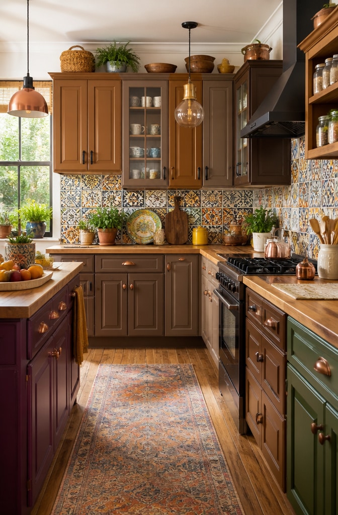 Eclectic Brown Painted Kitchen Cabinets
