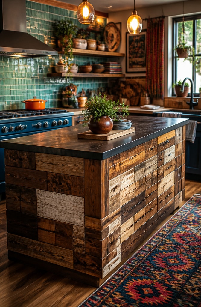 Eclectic Brown Patchwork Wood Kitchen Island