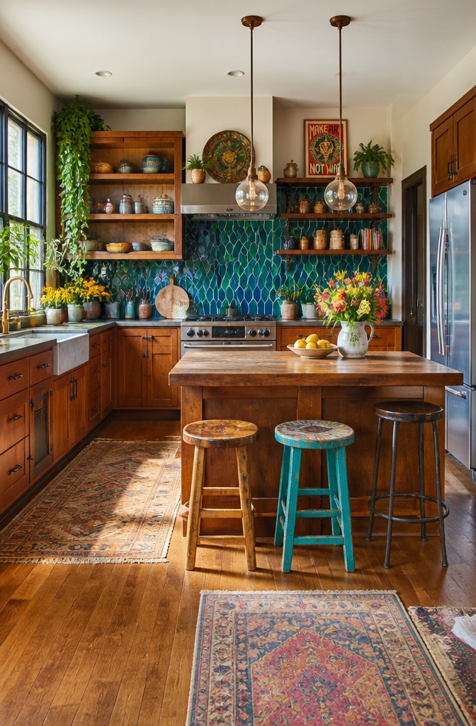 Eclectic Brown Wood Kitchen with Colorful Accents