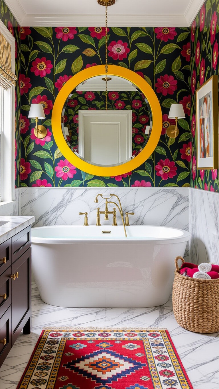 Eclectic Calcutta Gold Marble Bathroom with Bold Colors