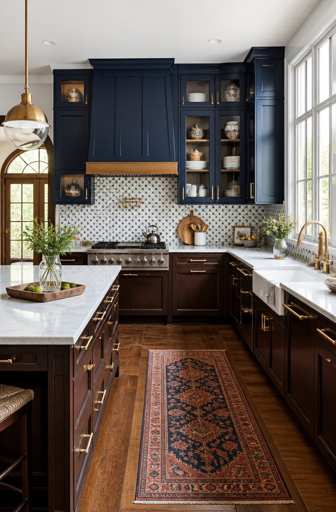 Eclectic Chocolate Brown and Navy Blue Cabinets