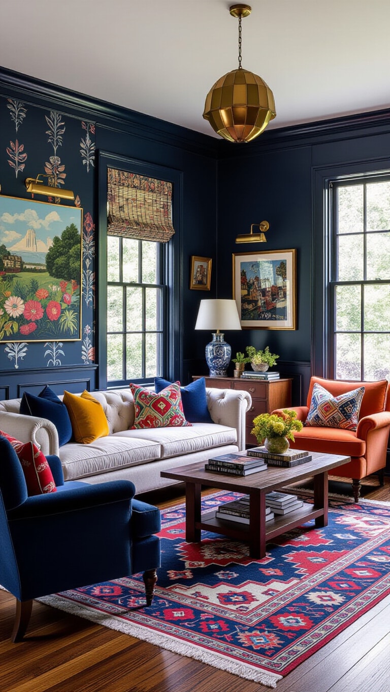 Eclectic Dark Blue Living Room