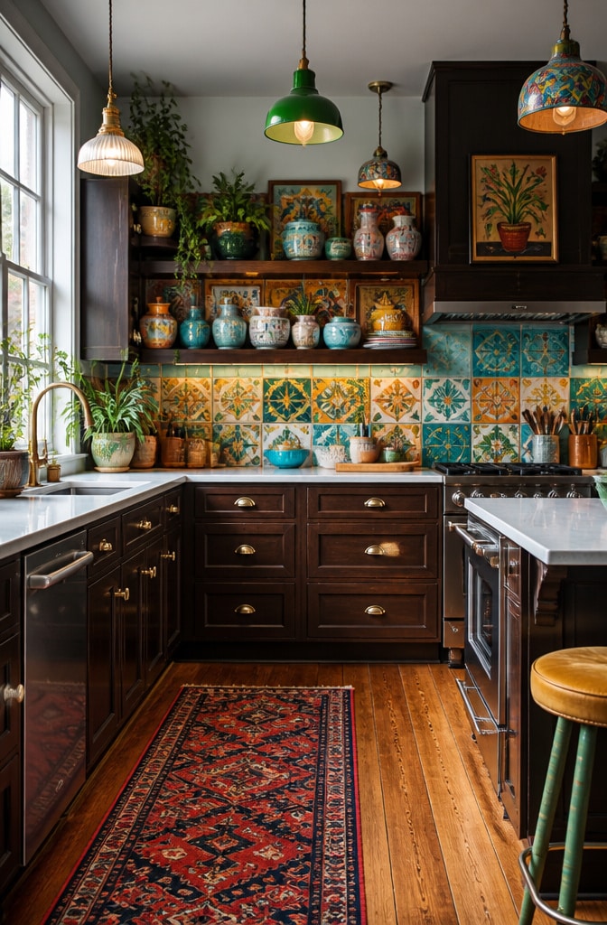 Eclectic Dark Brown and White Kitchen with Colorful Accents