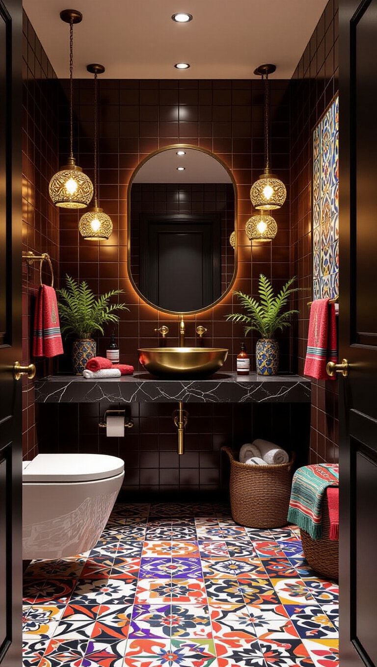 Eclectic Dark Brown Tile Bathroom with Bold Patterns