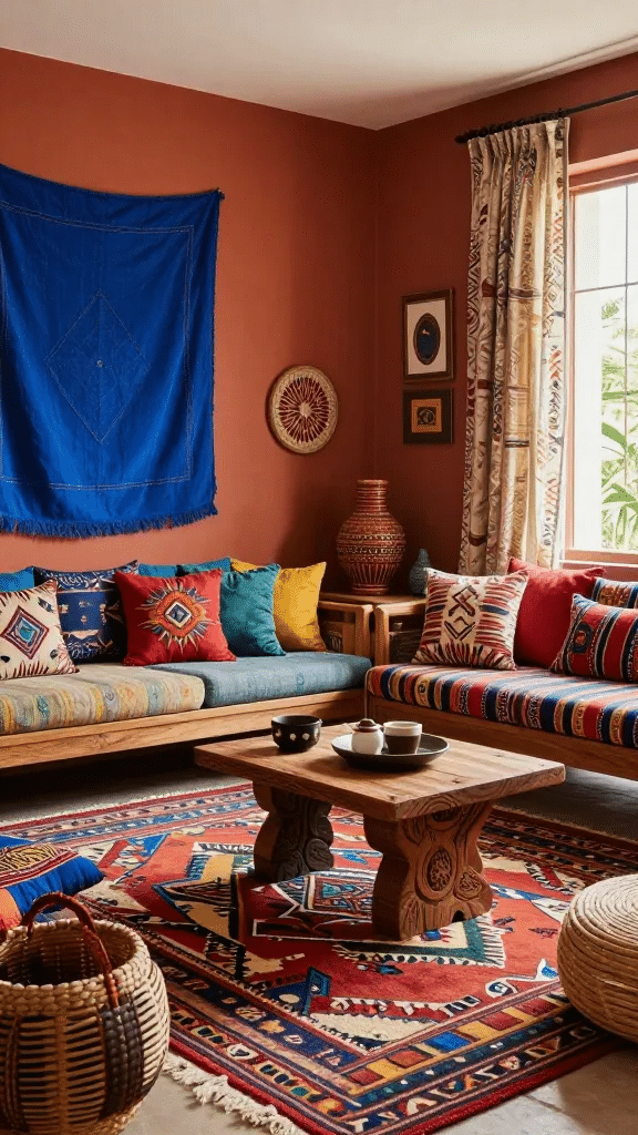 Eclectic Global Blue and Terracotta Living Room