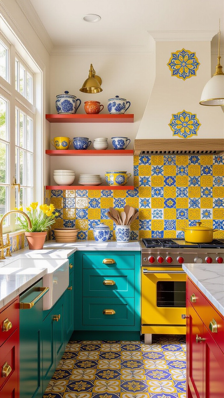 Eclectic Hand-Painted Yellow Pattern Tile Kitchen