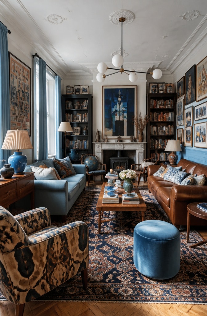 Eclectic Light Blue and Mixed Brown Tones Living Room
