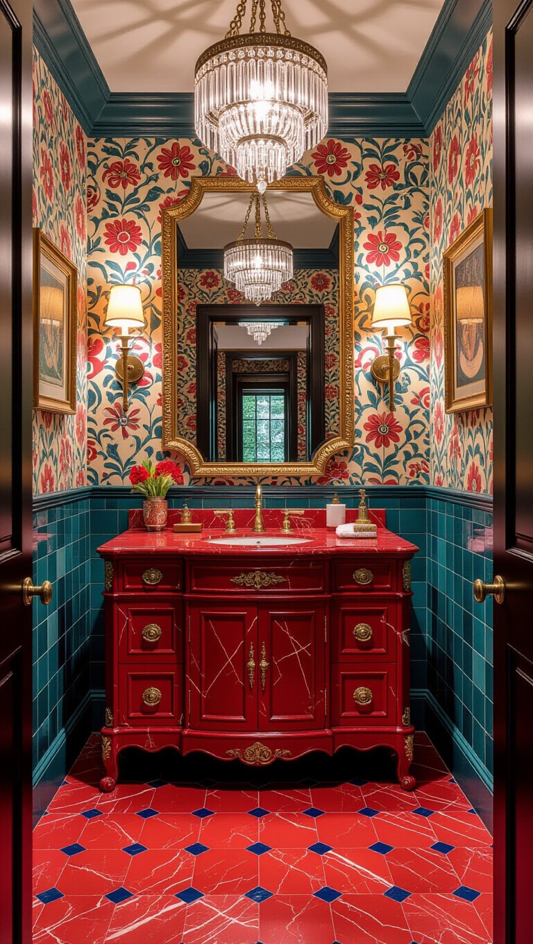 Eclectic Maximalist Red Marble Bathroom