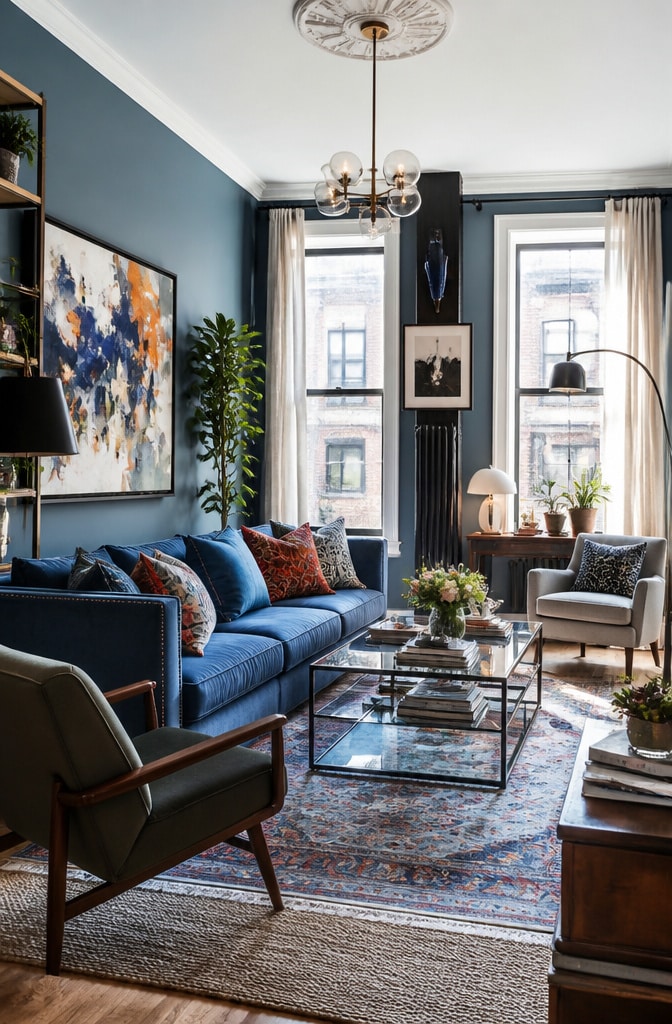 Eclectic Modern Dusty Blue Living Room