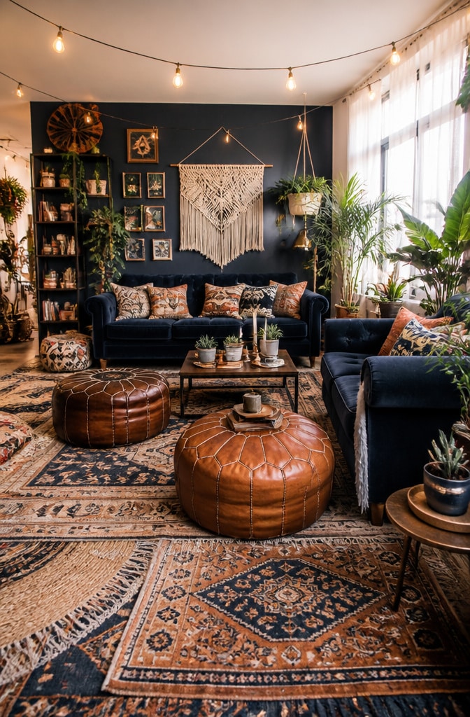 Eclectic Navy Blue and Brown Boho Living Room