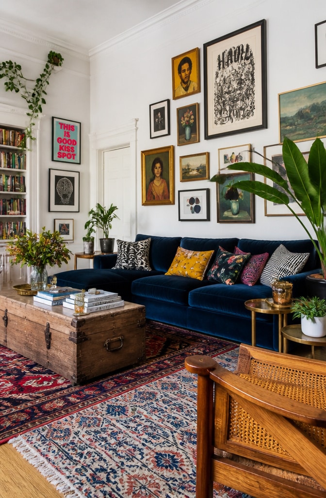 Eclectic Navy Blue Couch Living Room