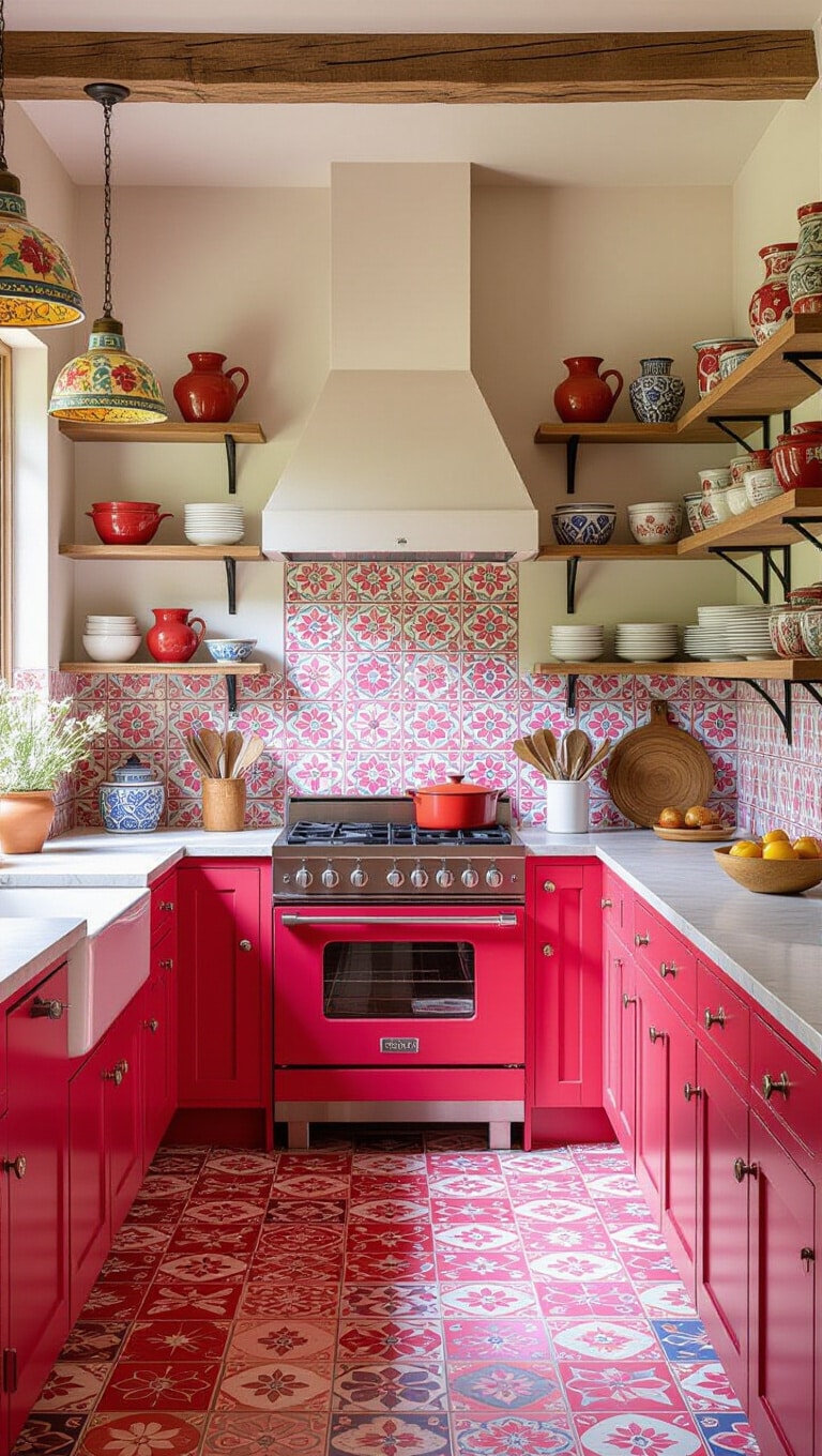 Eclectic Pink and Red Artisanal Kitchen