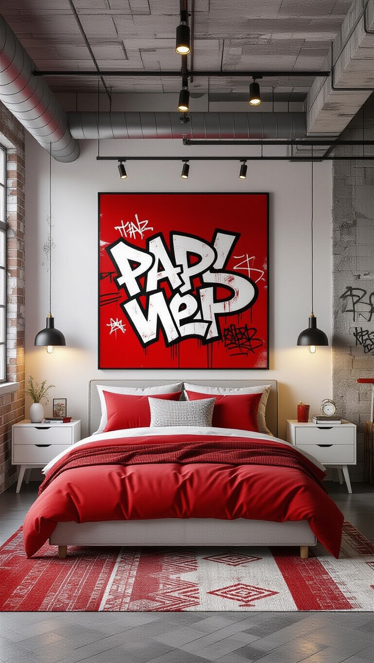 Eclectic Urban Red and White Bedroom