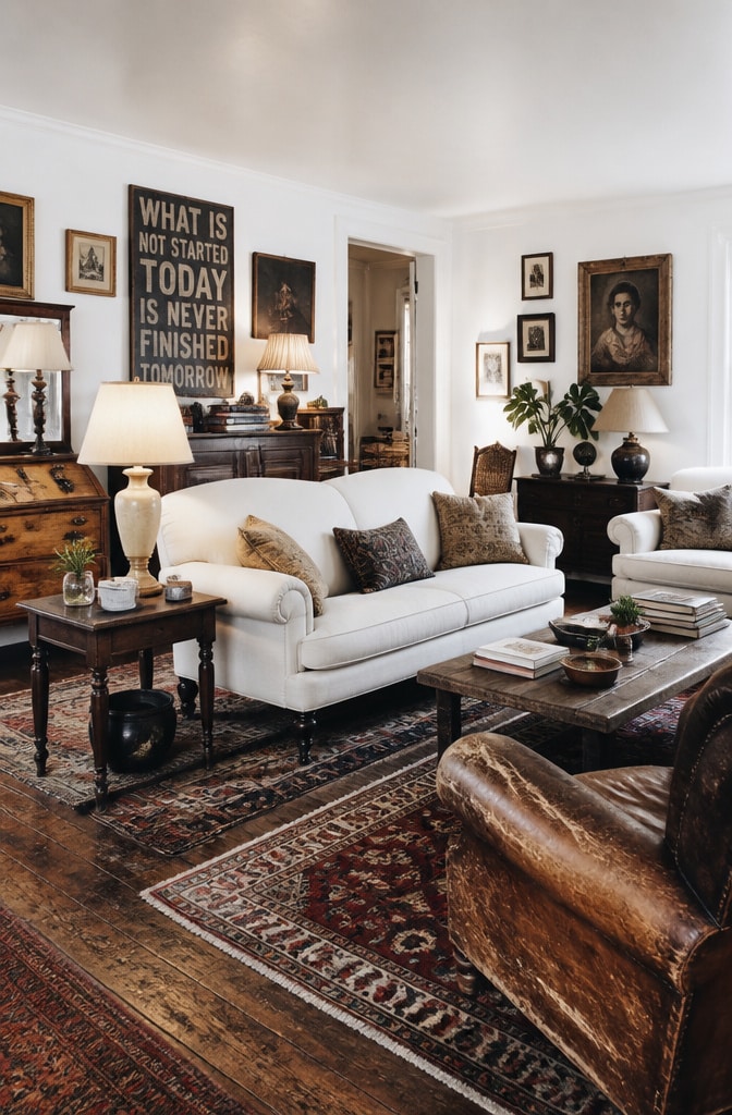Eclectic Vintage White and Brown Living Room