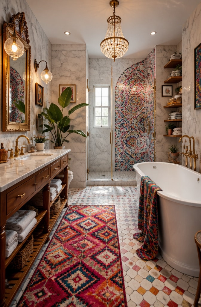 Eclectic White Marble Tile Bathroom