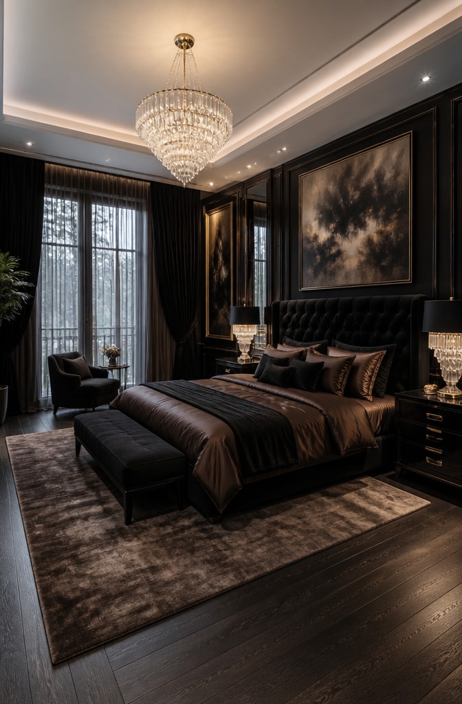 Elegant Black Velvet and Chocolate Brown Bedroom