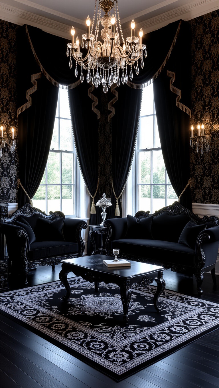 Elegant Black Victorian Revival Living Room