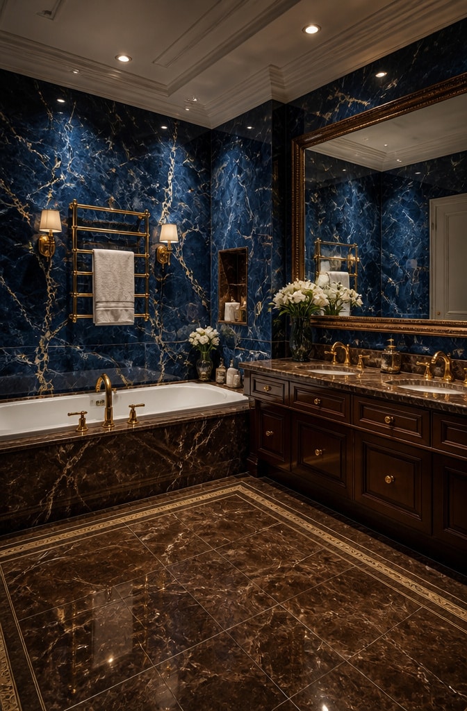 Elegant Blue and Brown Marble Bathroom