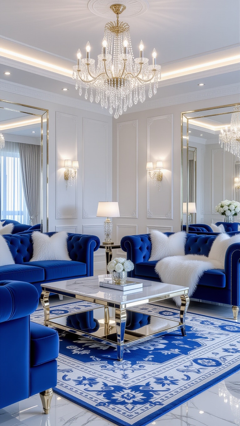 Elegant Blue and White Glam Living Room