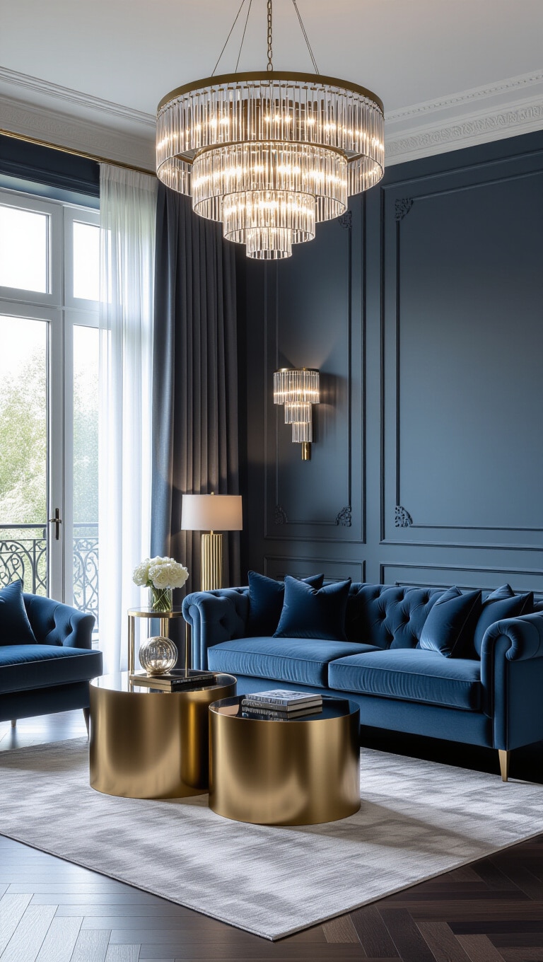 Elegant Blue Grey Living Room with Metallic Accents