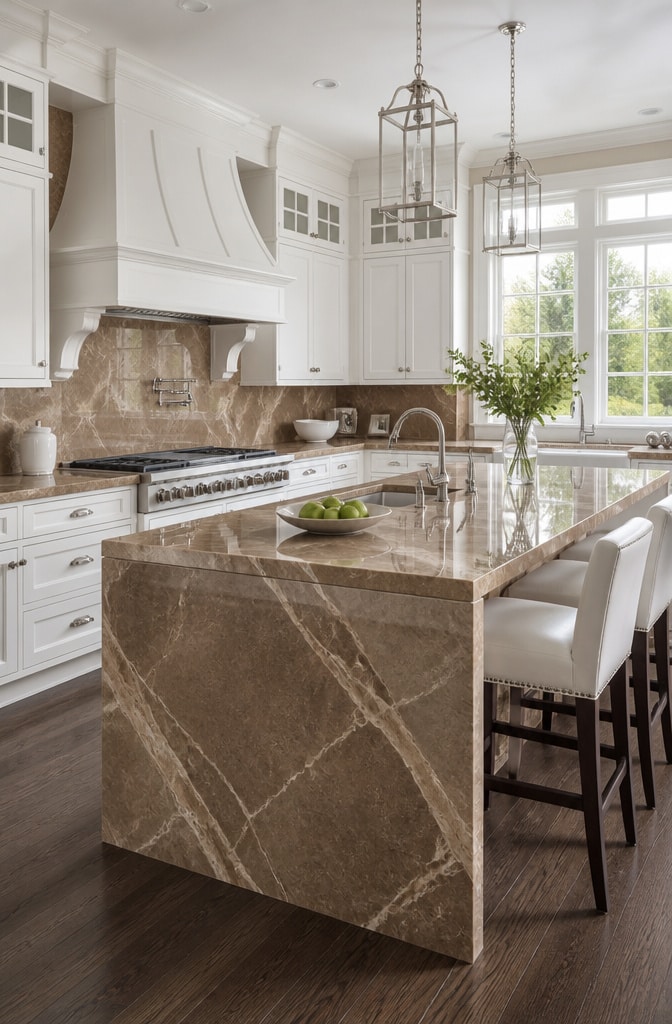 Elegant Brown Marble Kitchen with White Cabinets