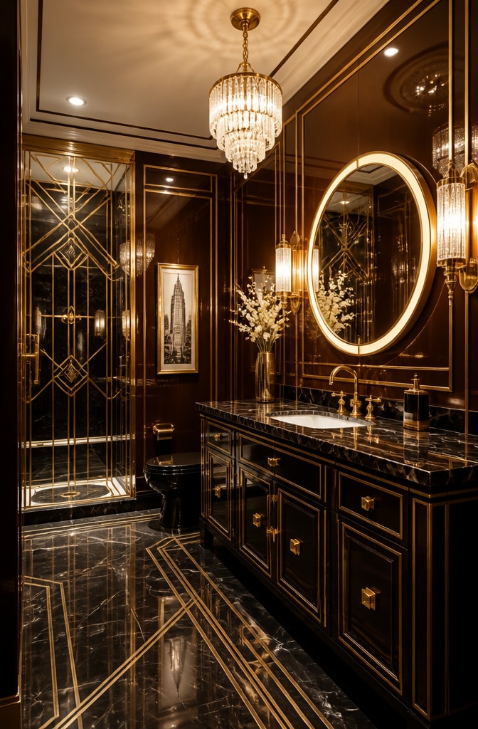 Elegant Chocolate Brown Art Deco Bathroom