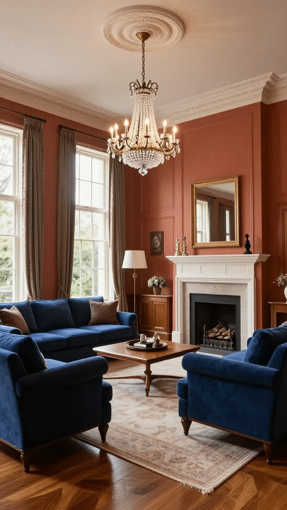 Elegant Classic Blue and Terracotta Living Room