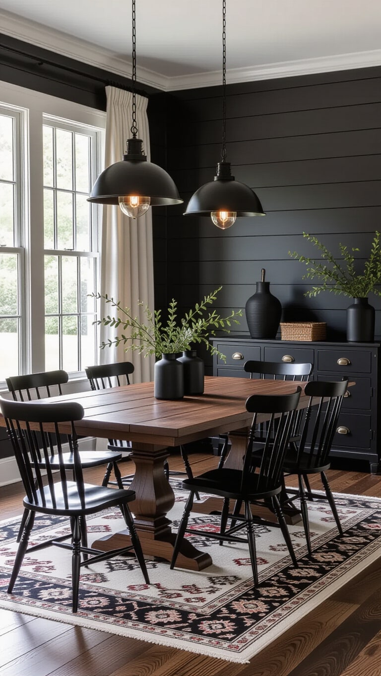 Elegant Farmhouse Dining Room with Dark Accents