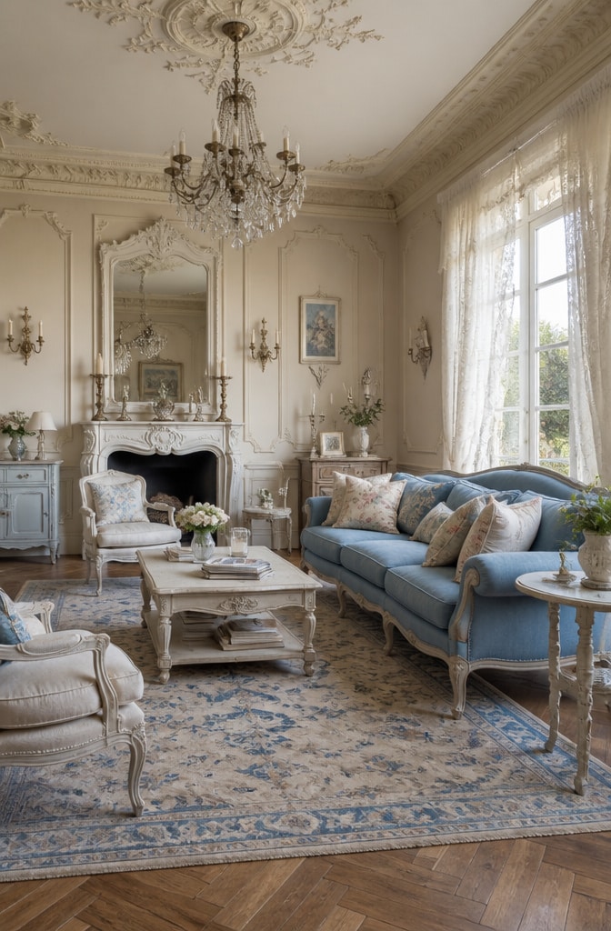 Elegant French Country Taupe and Blue Living Room
