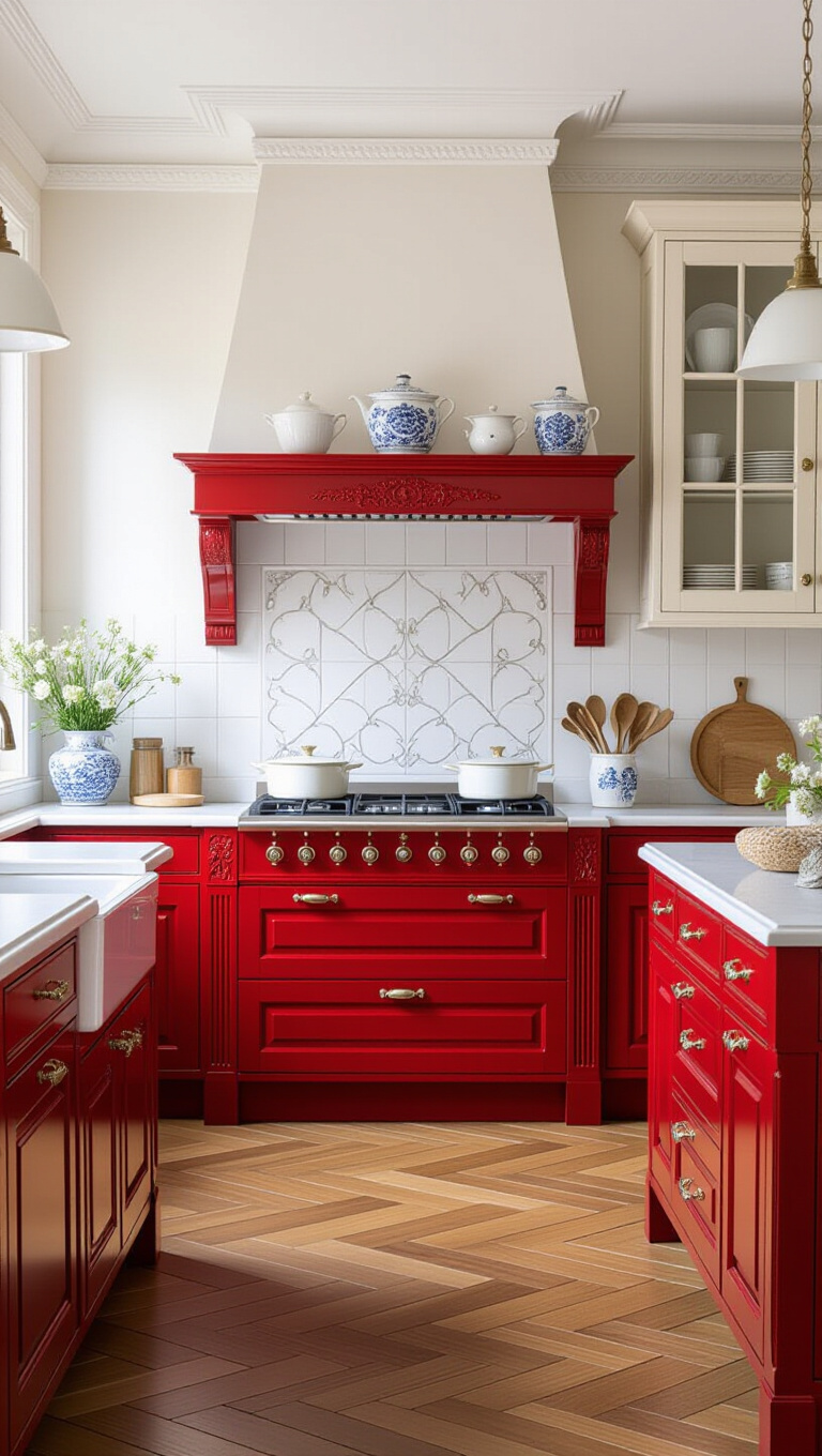 Elegant French Provincial Red and White Kitchen