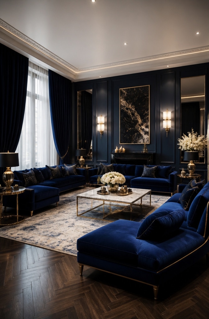 Elegant Navy Blue Velvet Living Room