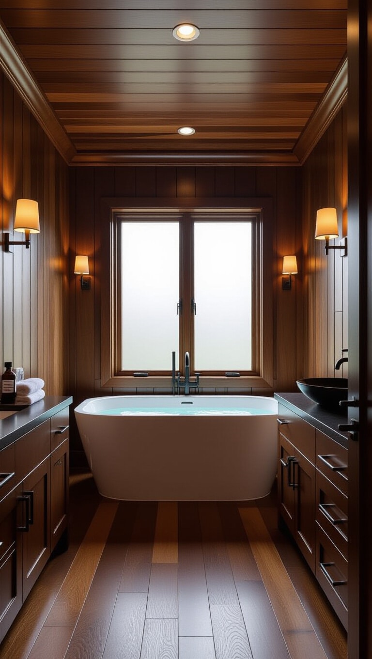Elegant Walnut Paneled Brown Bathroom