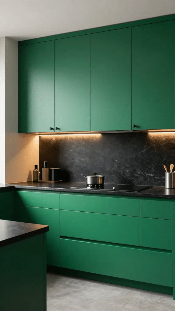 Emerald Green Cabinets with Black Countertop Contrast