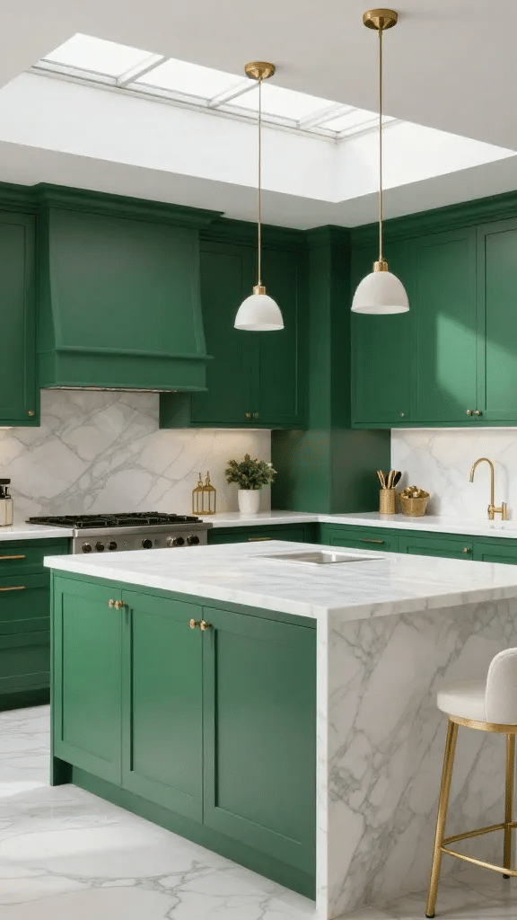 Emerald Green Cabinets with Marble Island Accent