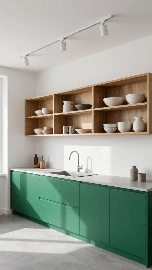 Emerald Green Cabinets with Open Shelving Concept