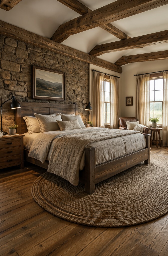Farmhouse Bedroom with Rustic Stone Accent Wall