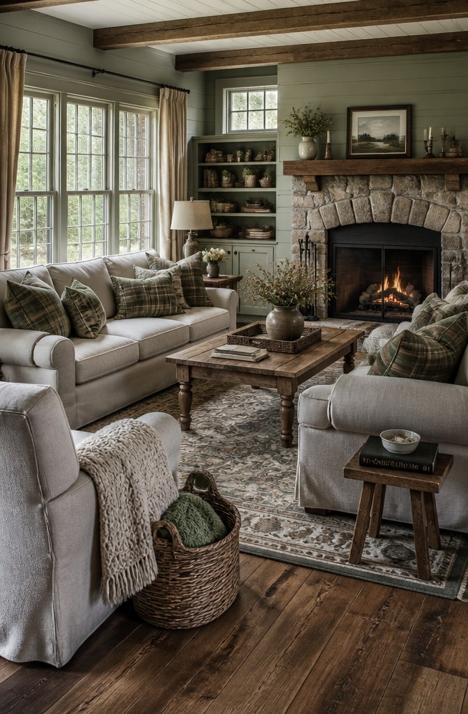 Farmhouse Brown and Green Cozy Living Room
