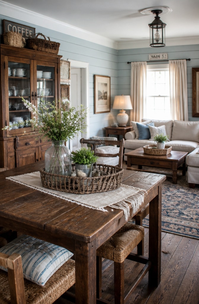 Farmhouse Light Blue and Warm Brown Living Room
