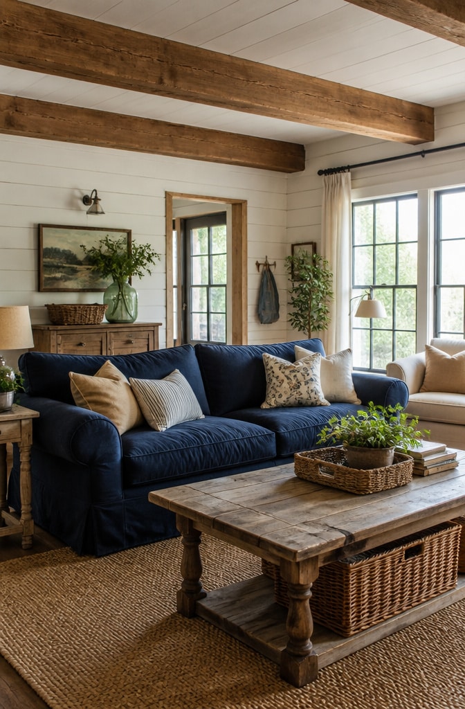 Farmhouse Navy Blue Couch Living Room
