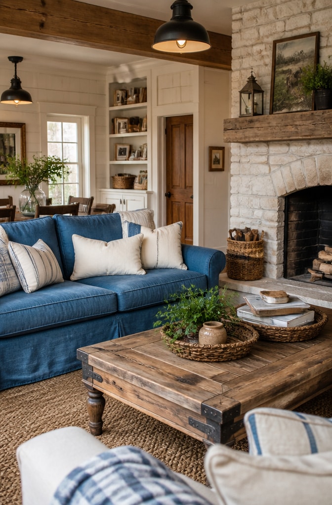 Farmhouse-Style Blue and Cream Living Room