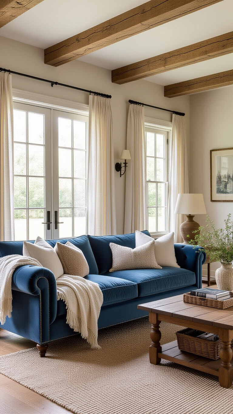 Farmhouse Style Blue Velvet Living Room
