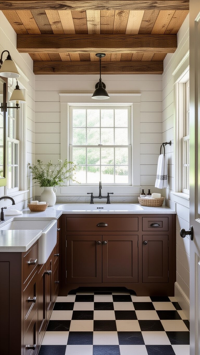 Farmhouse Style Brown Cabinets Bathroom