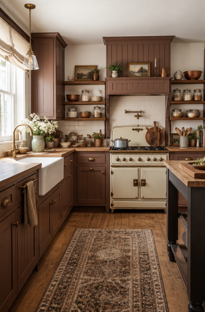 Farmhouse Style Brown Painted Kitchen Cabinets