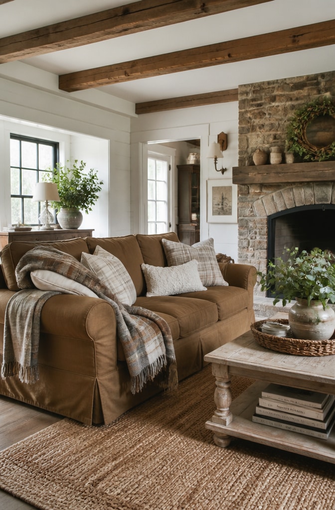 Farmhouse Style Brown Sofa Living Room
