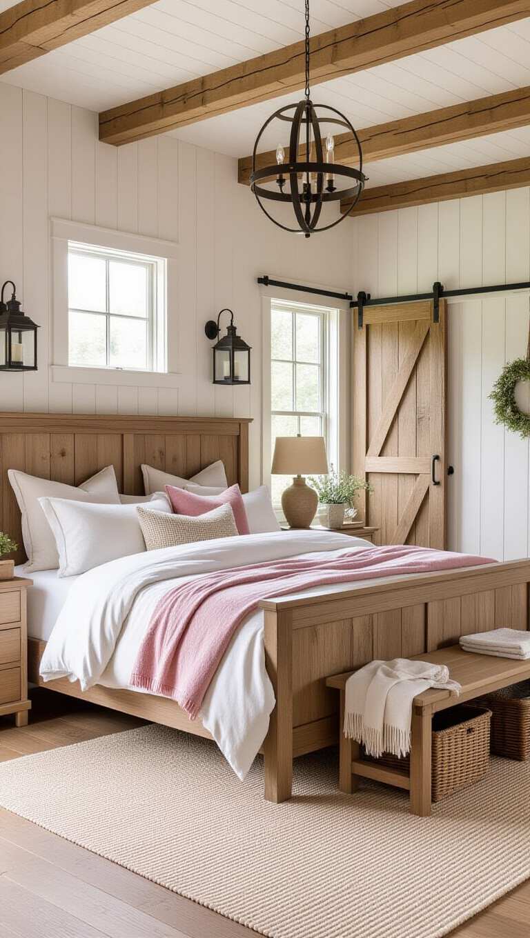 Farmhouse Style Pink and White Bedroom
