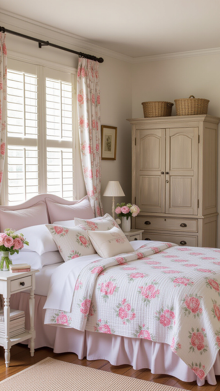 Feminine Cottage Pink and White Bedroom