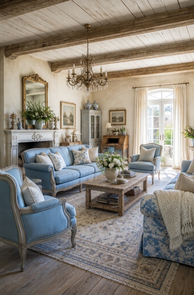 French Country Blue and Cream Living Room