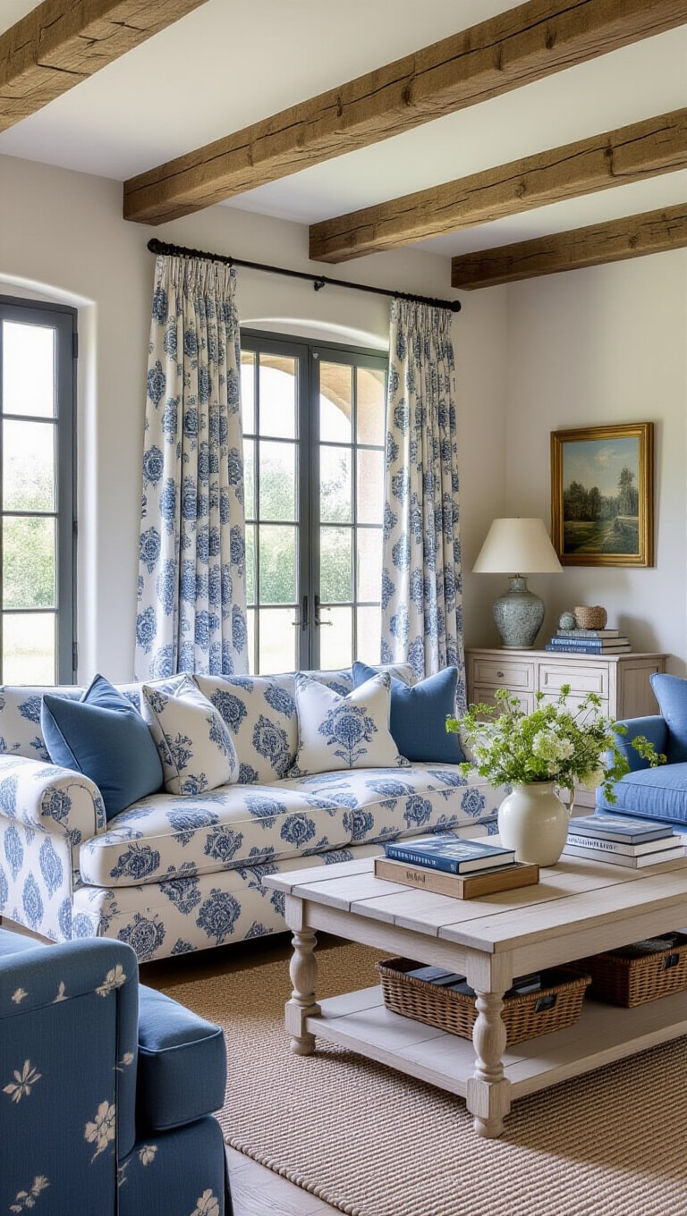 French Country Blue and White Living Room