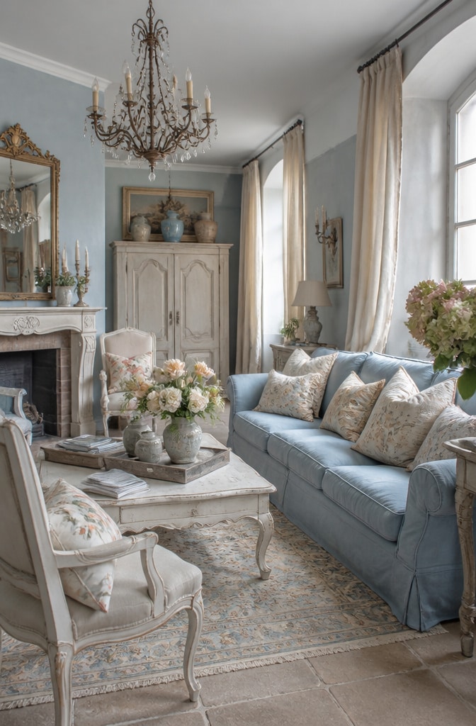 French Country Dusty Blue Living Room
