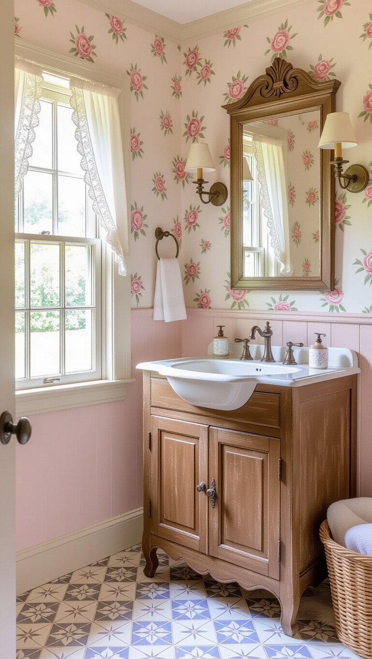 French Country Pink and Brown Bathroom